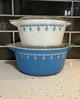2 Vintage Pyrex Snowflake Garland Blue Casserole Dishes 474 & 475 with Lids