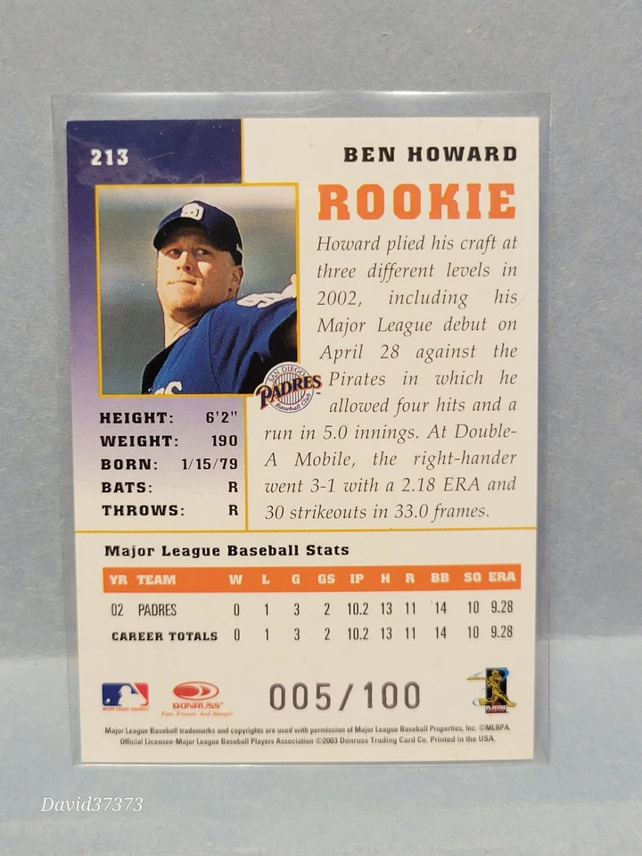 2003 Donruss Champions Metalized 005/100 #213  Ben Howard  (100 Made!) - Image 2 of 2
