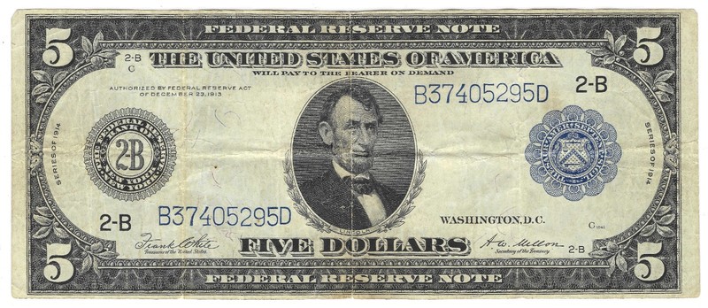 1914 $5 Five Dollar Federal Reserve Note - 2-B New York (Fr.851A)