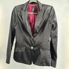 Wet-Seal Blazer Jacket Women Medium Black Lined Satin Peak Lapel NYE