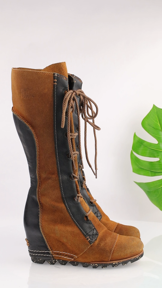 Sorel Womens Cate the Great Boot Size 7.5 Tall Camel Black Lace Up