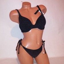 Victoria Secret Swim Bikini 36C Top Medium Brazilian Bottom Black Gold Push Up