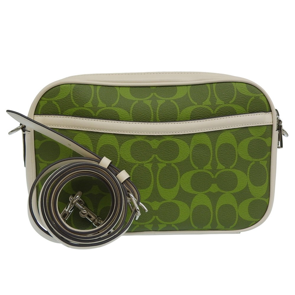 Good condition COACH Leather PVC Signature Shoulder Bag Women s Green Off White thumbnail 3