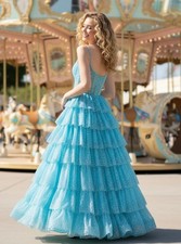 Long Blue Tiered Sequins Ball Gown Prom Dress Size 0 Zip Off Short Formal