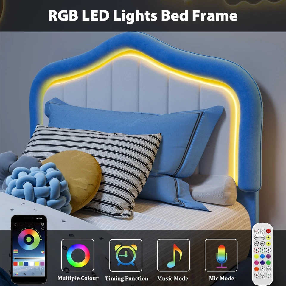 Marco de cama tapizado para niños con cabecero LED y cajón Foto 3 de 4