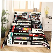 Vintage Cassette Bedding Set Queen Size, Music Queen No Comforter Multi 14