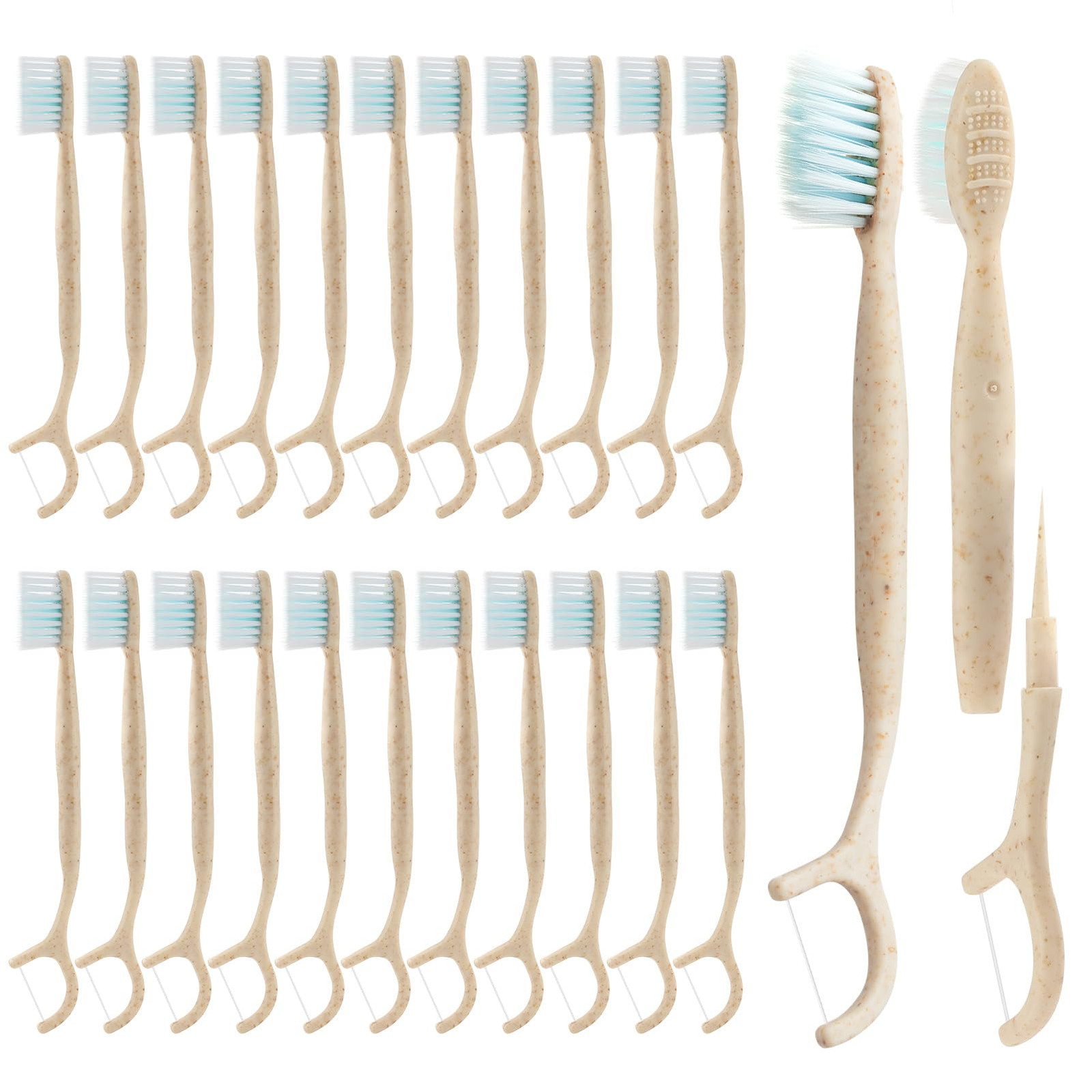 Travel Toothbrush Dental Floss Picks - 4 in 1 Biodegradable Disposable Toothb...