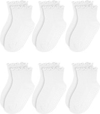 Toddler Ruffle Socks - Baby Girls Non-Slip Socks with 5-6 Years 6 Pairs White