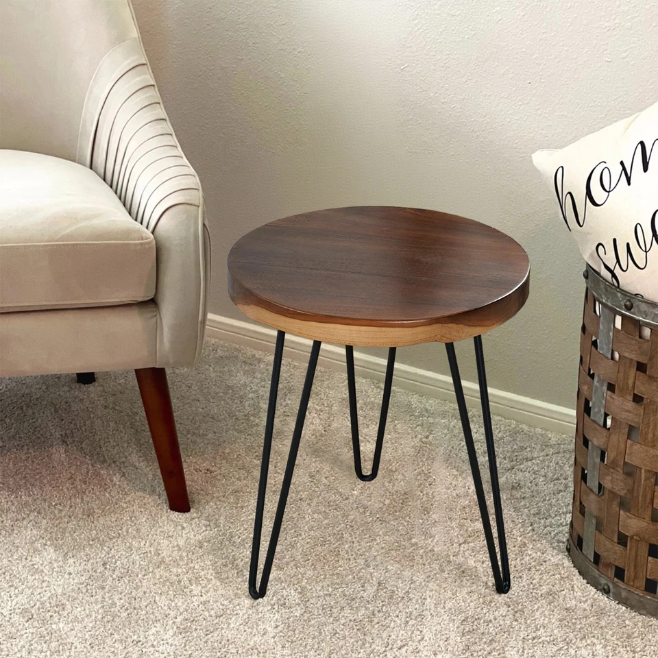 Natural Teak Wood Round End Side Table with Hairpin Legs 21" H Home Decor - Image 4 of 4