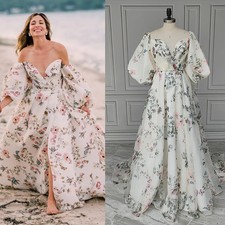 Elegant Floral Embroidery Wedding Dresses Long Sleeves High Split Bridal Gowns