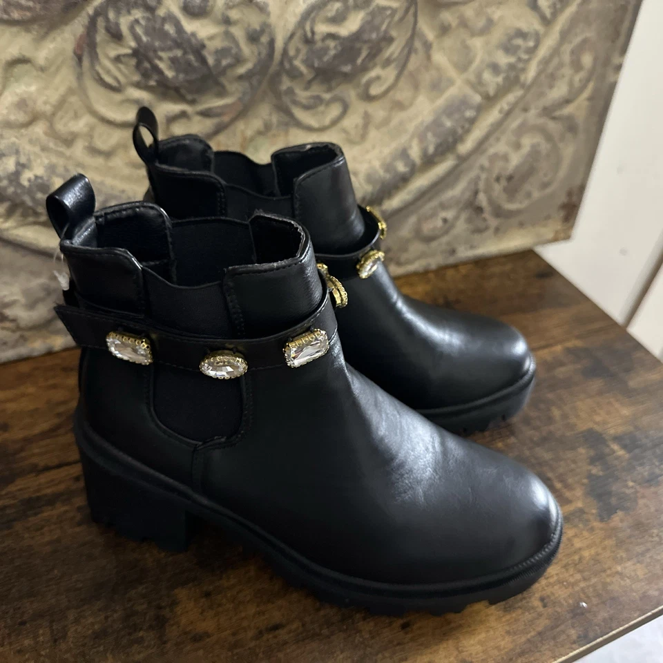 NEW NICOLE MILLER Size 9.5 Chelsey-NM black faux leather Lug Sole JEWELED - Image 2 of 4