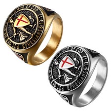 Mens St Michael Archangel Ring Shield Protector Gold Plated Stainless Steel Band