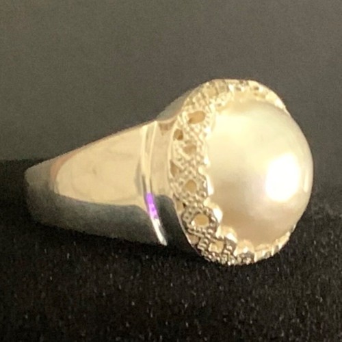Anello Vintage Argento Sterling Marmo Perla Hong Kong Misura 10 Filigrana Dichiarazione - Foto 8 di 8