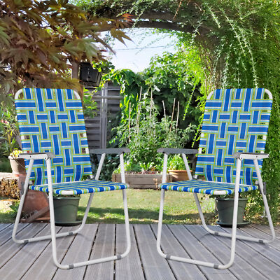 Webbed Lawn Chairs Set of 2 Foldable Metal Patio Chairs for Camping Beach Blue