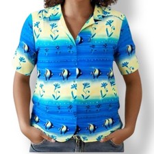 Vintage 90s Tropical Fish Print Shirt Blue Yellow Crinkle Button Front Top 14