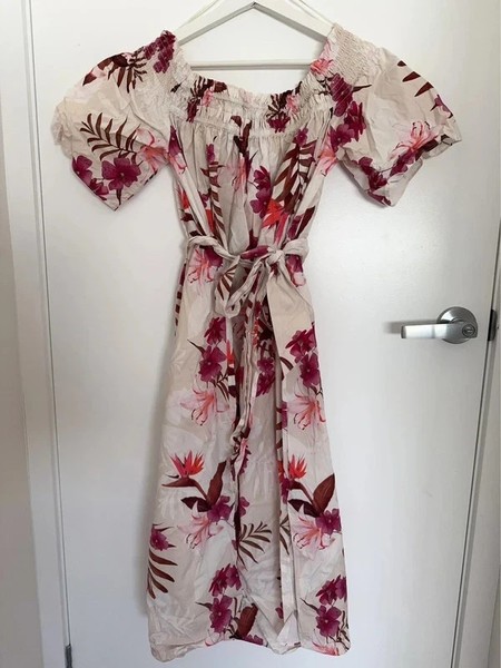 Witchery Beige Floral Off Shoulder Midi Dress AU 10 Pre-Owned Excellent