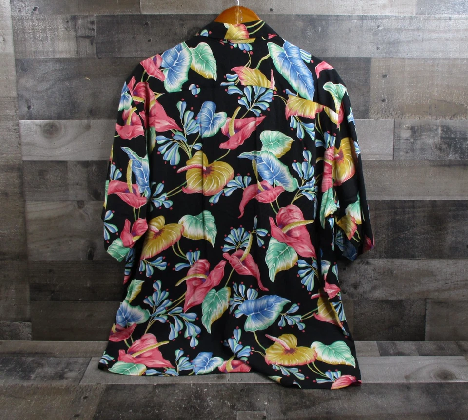Reyn Spooner Shirt Mens Large Black Rayon Floral Neon Tropical Hawaiian Button - Image 3 of 4