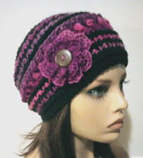 crochet handmade womans flower hat beanie winery purple puffs USA made