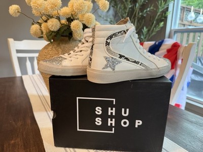 SHU SHOP White High-Top Leather Sneakers Lace-Up Zip Snakeskin Glitter