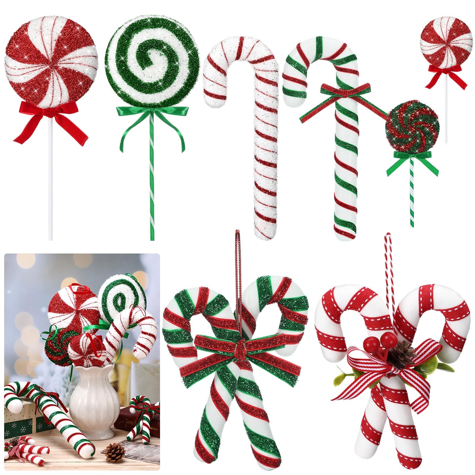 8 Pcs Assorted 16'' Giant Candy Cane Ornaments Red and Green White Large Loll...