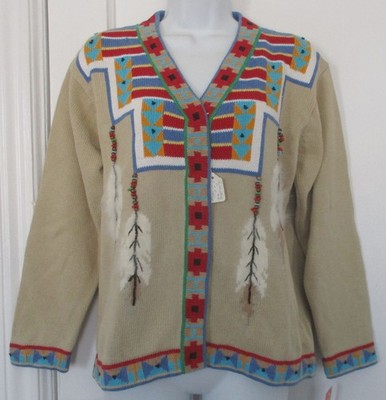 J-Two Cardigan Sweater Pow Wow Indian Chief Aztec SouthWestern Art Womens Size M