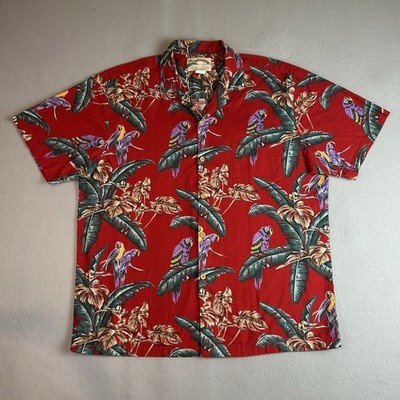 Paradise Found Hawaiian Shirt Mens Large Red Jungle Parrot Magnum PI Vintage