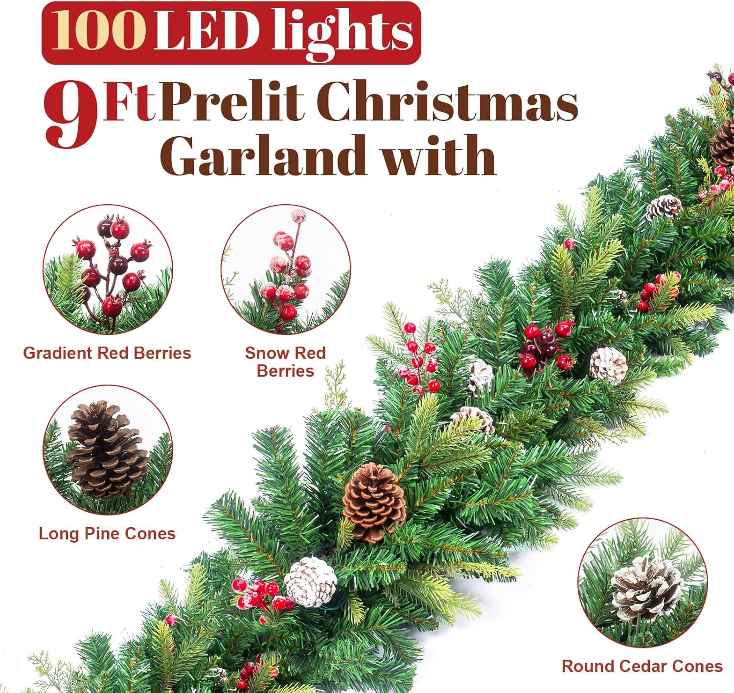 Pre-lit Christmas Garland 9FT with 100 Warm Lights, 9 FT, Evergreen Glow 