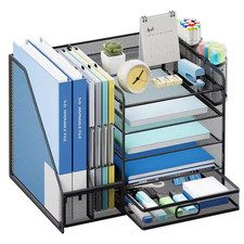 Black 13.77 In. X 11.02 In. Metal Desk Organizer with Sliding Drawer and 2 Pen H