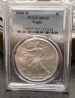 2008 W $1 American Silver Eagle PCGS MS70 Burnished Blue Label