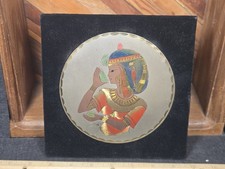 Egyptian Engraved Artist Signed Brass Copper Cleopatra Plate On Felt Table Frame
