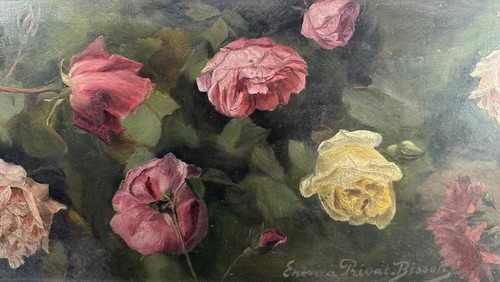 E. PRIVAT-BISSON (XX) Huile sur panneau représentant des roses Ecole Française - Photo 5/11