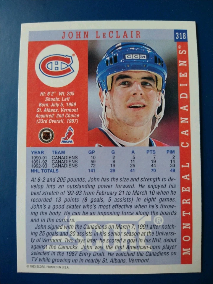 1993-94 Score John LeClair #318 Montreal Canadians - Image 2 of 2