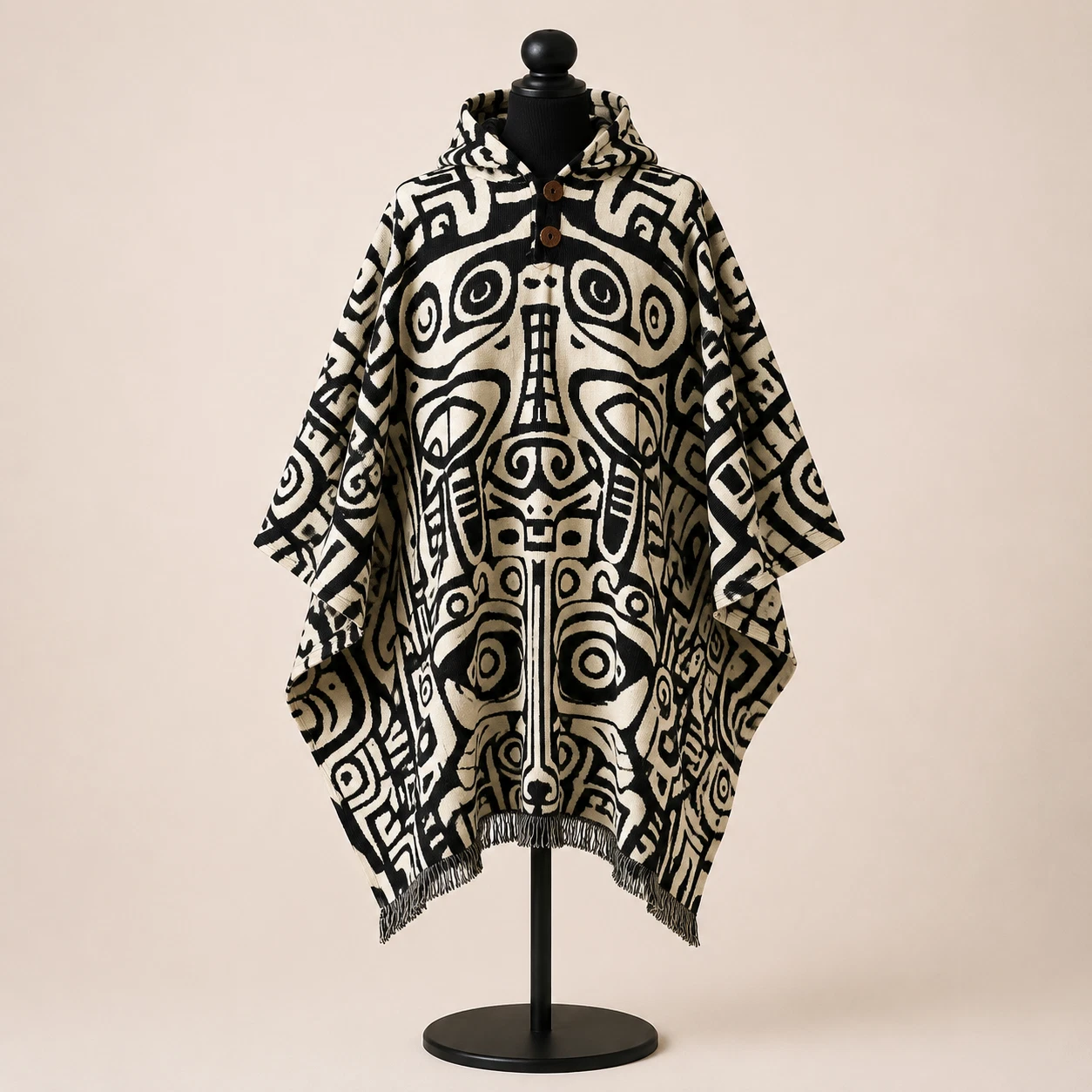 Handwoven Unisex Alpaca Wool Hooded Poncho Aztec Tribal Bohemian Cloak Serape