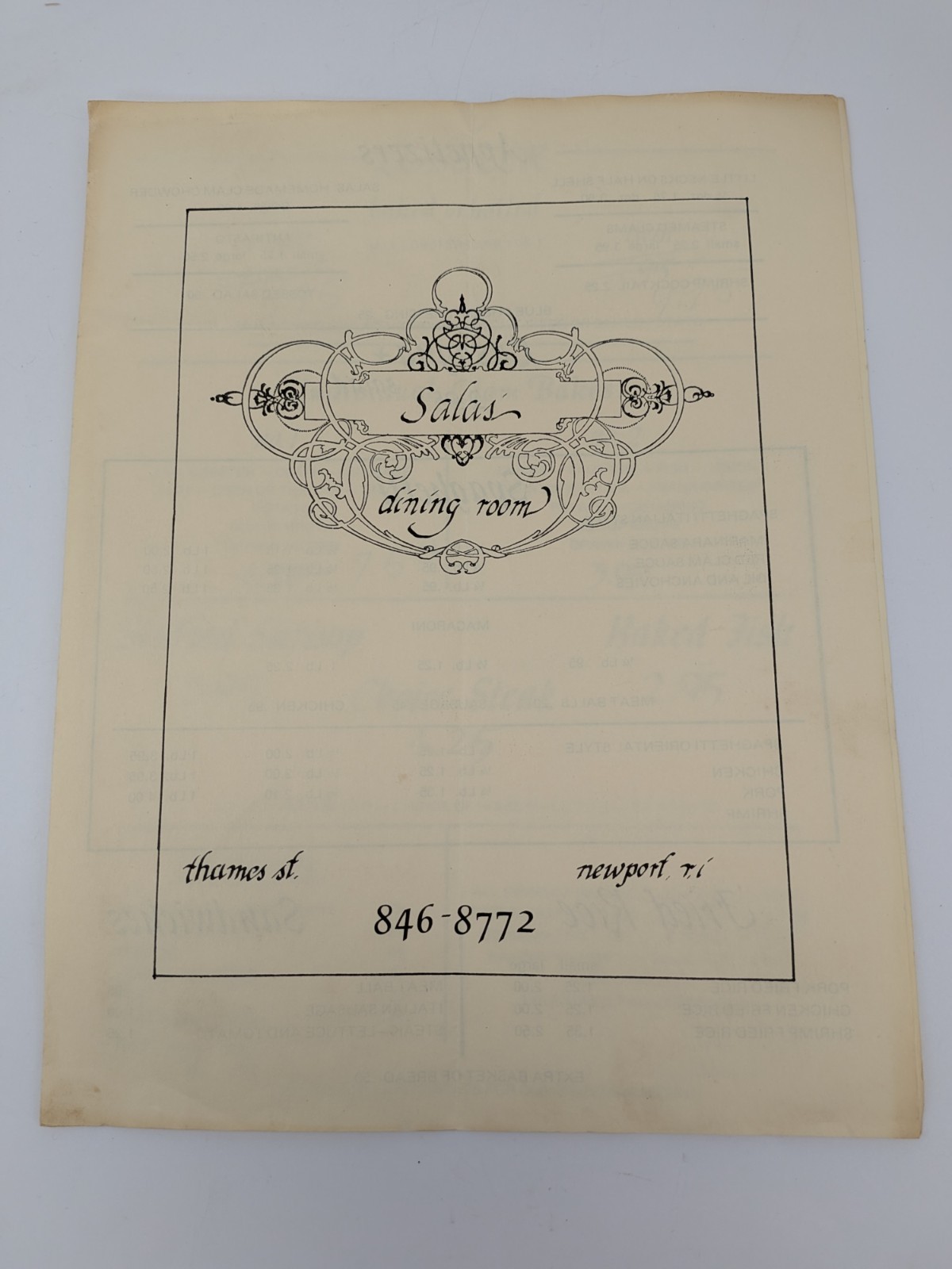 Vintage Restaurant Menu Salas Dining Room Newport Rhode Island