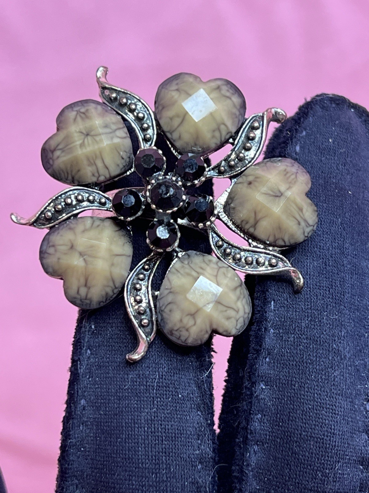 Rhinestone Flower Adjustable Ring Silver Tone Ove… - image 1