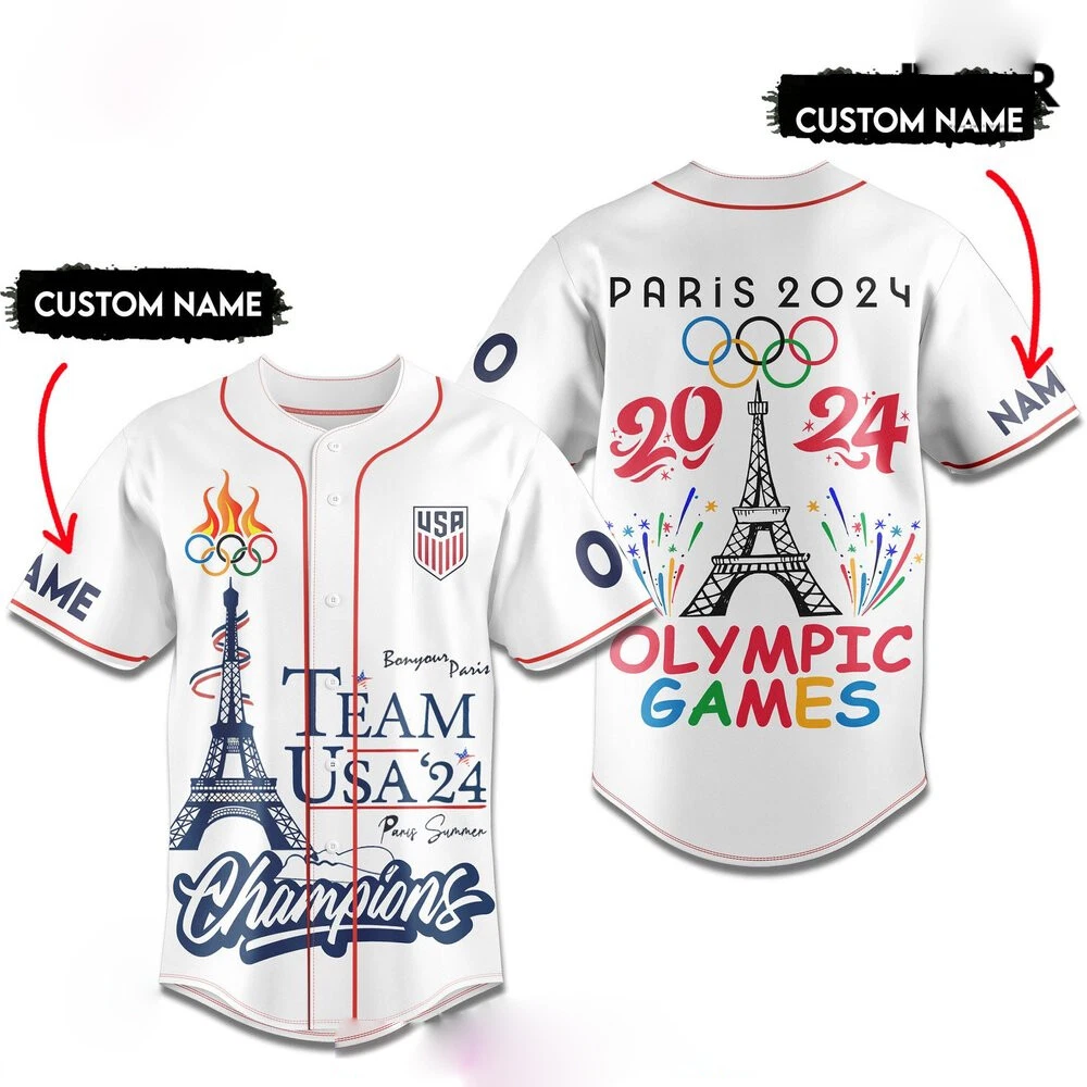 Personalized 2024 Paris Olympic Shirt, USA Eiffel Tower Baseball Jersey Shirt
