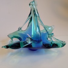 Murano Stretched Glass Basket Italy Bowl Candy Dish Blue Cobalt Teal Description