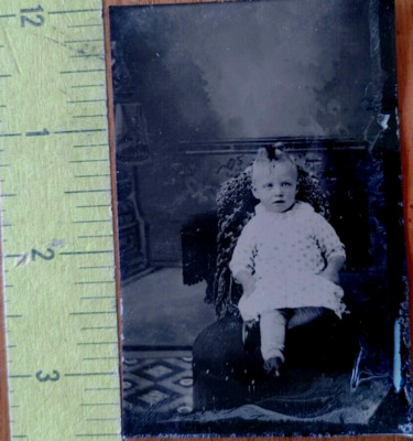 Antique 1800s Tin Type Photo Child Toddler Portrait #17086