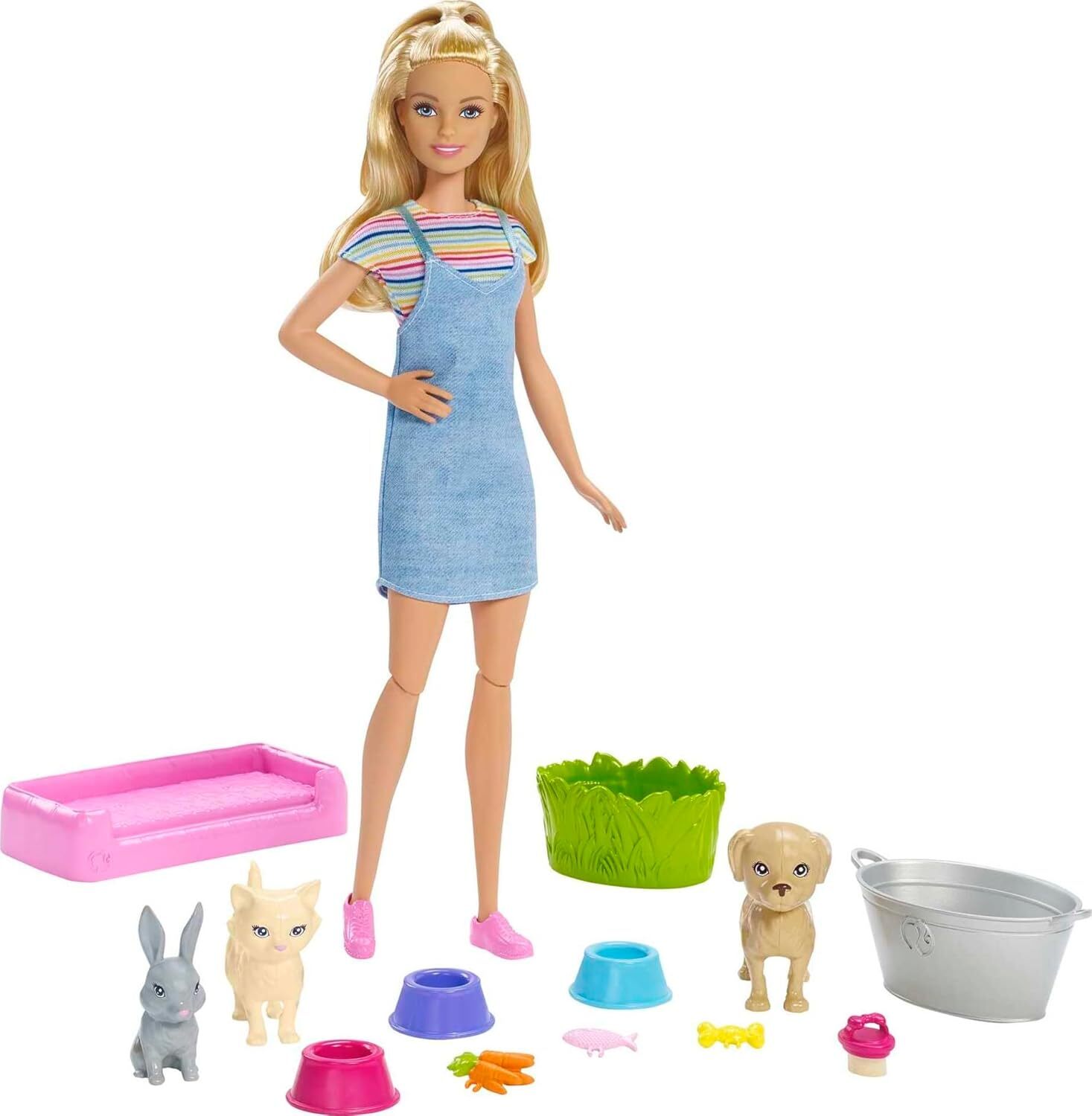 Barbie Play 'n Wash Pets Doll & Playset with 3 Color-Change Animals & 10 Toy Acc