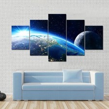 Earth And Moon Blue Planet Space View 5 Piece Panel Canvas Wall Art Photo Decor