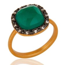 14K Gold Plated Ring 925 Sterling Silver Natural Green Onyx Gemstone CZ Jewelry