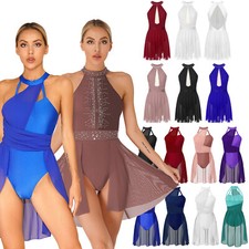 Women Rhinestone Lyrical Dance Dress Irregular Skirt Leotard Figure Dancewear