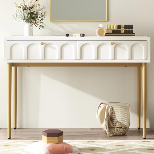 White Dressing Table with 2 Drawers & Gold Legs – Bedroom Makeup Desk - Picture 8 of 12