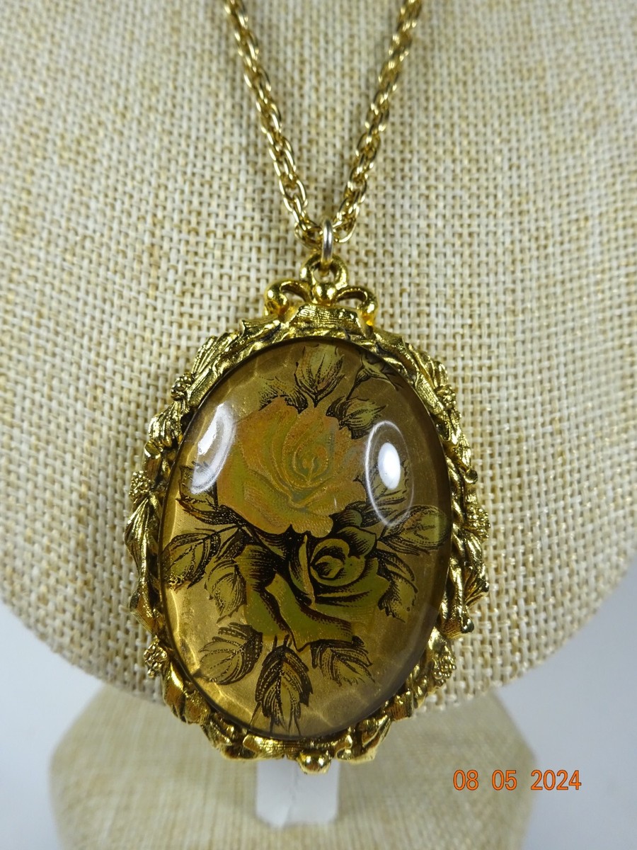 スコッチ　GOLD / MELTON×ACETATE SOUVENIR Vintage Signed Max Factor Reversible Locket Perfume Pendant