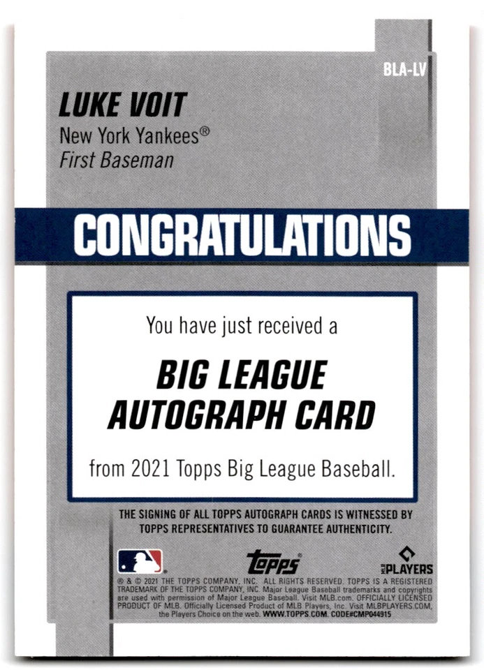 2020 TOPPS BIG LEAGUE AUTO ORANGE Luke Voit Auto /99 New York Yankees #335 - Image 2 of 2