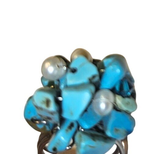 Statement Ring Adjustable Turquoise & Pearl Clust… - image 3