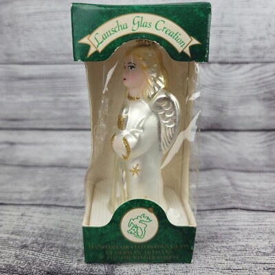 Lauscha Glas Creation Christmas Ornament Angel with White & Gold Germany in Box