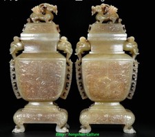 Old Chinese Natural Hetian Jade Dragon Loong Elephant Head Bottle Vase Pair