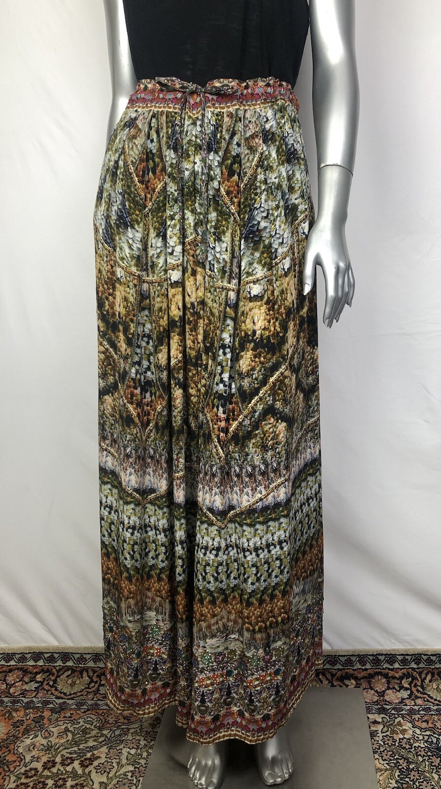 Camilla The Chameleon Wide Leg Silk Pants Elastic Waist & Swarovski Crystals Vtg image 9