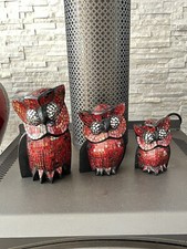 3 Wooden Hand Carved Glass Owls Art Statue Home Decor 15-20-25cm Figures